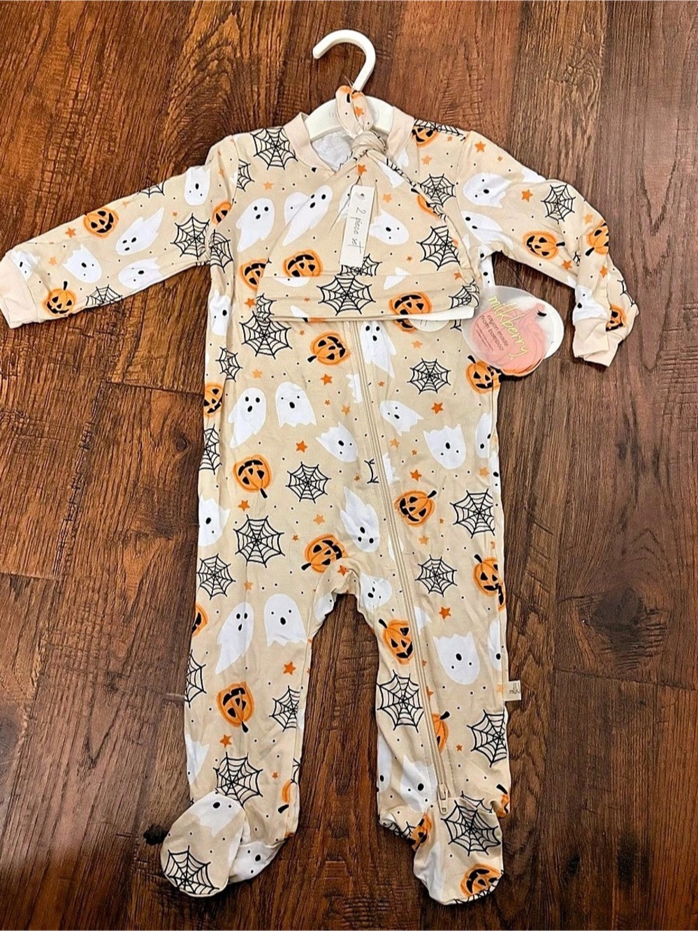 Milkberry Halloween Ghost & Pumpkin Bamboo Zip Sleeper w Hat Set Size 6-9 Months